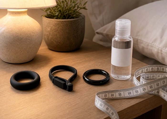 A bedside setup with a folded towel, toy-safe cleaner, and soft grooming accessories before solo or partnered play.