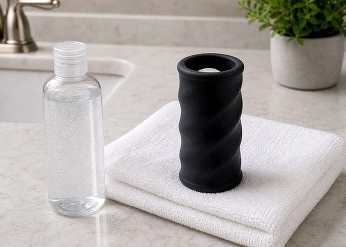 A rinse-and-dry setup with towel and gentle cleanser arranged for skin-comfort checks after trimming.