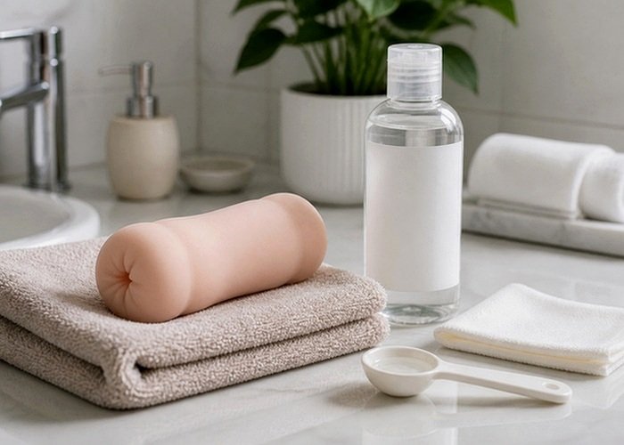 A folded towel, small grooming tools, and cleanser arranged on a bathroom counter for a male grooming guide.