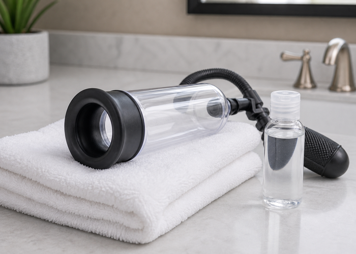 A close seal-check view of a pump cylinder on stacked towels beside a lubricant bottle.