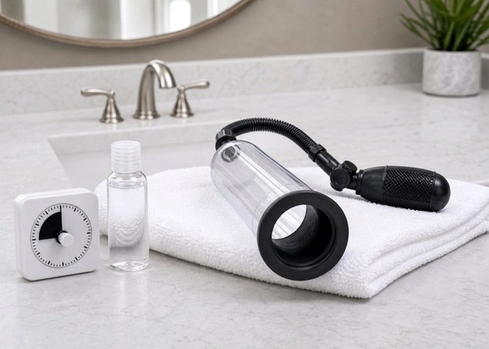 A rechargeable intimate device near cleaning supplies for checking material and water exposure limits.