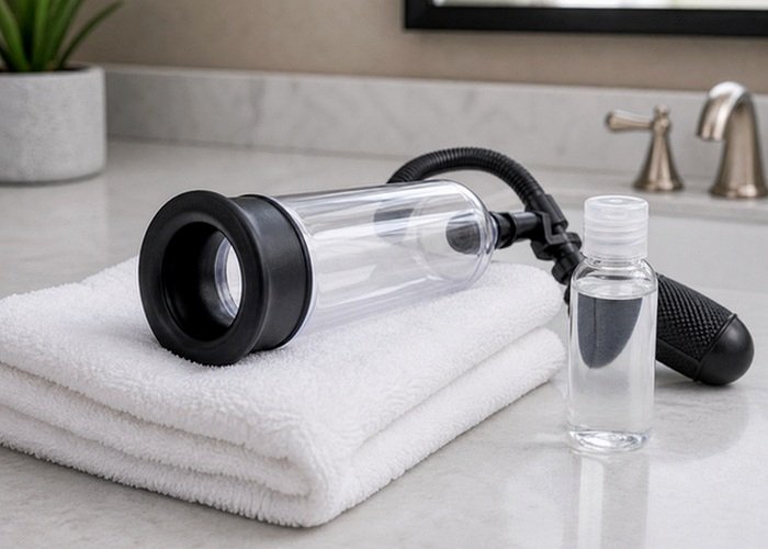 A clean toy drying on a folded towel with a storage pouch nearby after material-safe cleaning.