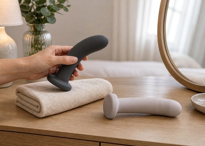 A tapered intimate toy, towel, and lubricant arranged on a bedside table for cleaning and communication before sharing.