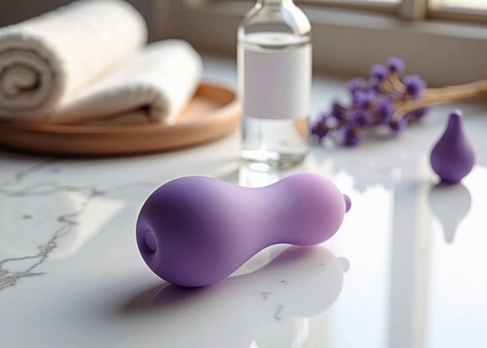 A smooth intimate toy, clear lubricant bottle, and condom packet arranged on a towel for sharing sex toys safely.