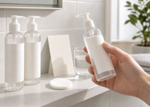 Two pump-top lubricant bottles on a bathroom counter with one bottle held in hand for texture checking.