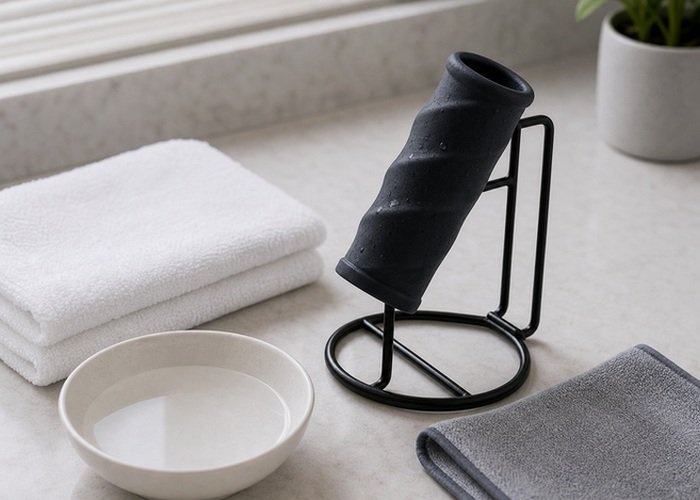 A cleaned sleeve drying beside a towel for a retention-focused routine before the next use.