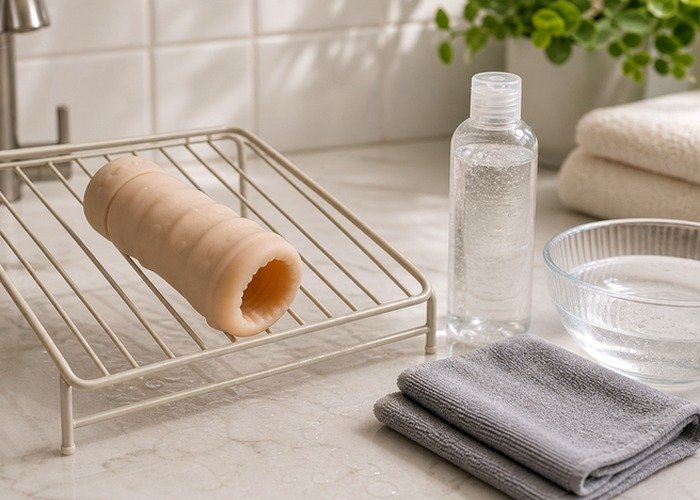 A cleaned stroker sleeve, drying towel, and storage pouch arranged for a reset-friendly maintenance routine.