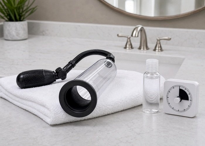 A stroker sleeve, cleaning cloth, and storage pouch arranged to explain texture, drying, and upkeep tradeoffs.