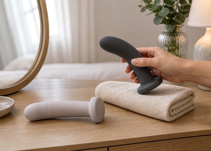 A dildo near a smooth surface and lubricant bottle for checking stability before use.