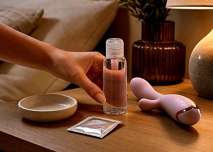 A towel, lubricant, and calm bedside setup arranged to show how couples can talk through a sensitive topic without rushing it.