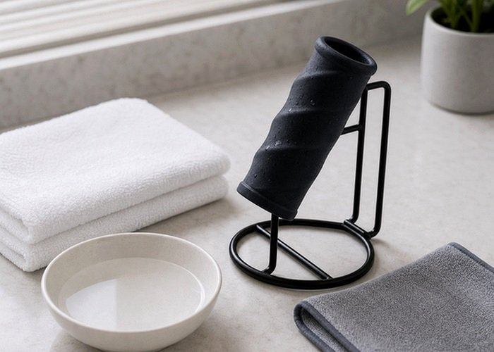 A bedside travel pouch with lubricant and intimate product accessories for privacy planning.