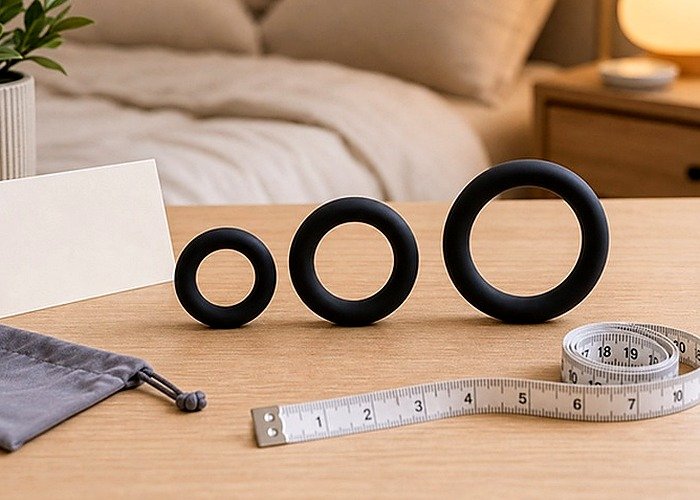 Different ring sizes and a small vibration module arranged to compare contact points and beginner fit choices.