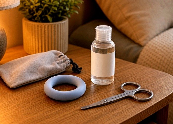 A soft ring, charger, and towel arranged to explain battery care, time limits, and a calm removal plan.