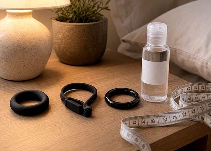Several ring styles, a bullet attachment, and lubricant arranged for a vibrating versus non-vibrating cock ring comparison.