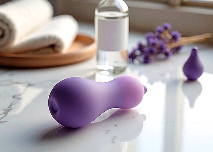 A curved prostate toy, a slimmer non-vibrating shape, and lubricant arranged to compare angle and pressure control.