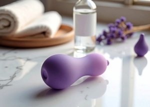 Two prostate massager styles, lubricant, and a towel arranged for a control-before-intensity comparison guide.