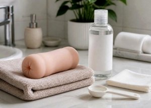 A pocket pussy sleeve, towel, and warm-water setup arranged for a safe warming guide before use.