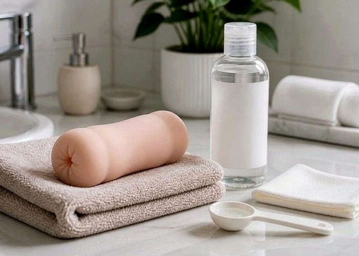 A pocket pussy sleeve, towel, and warm-water setup arranged for a safe warming guide before use.