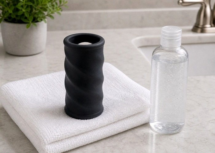 A travel-size lubricant bottle and pouch placed on a towel for clean lube storage habits.