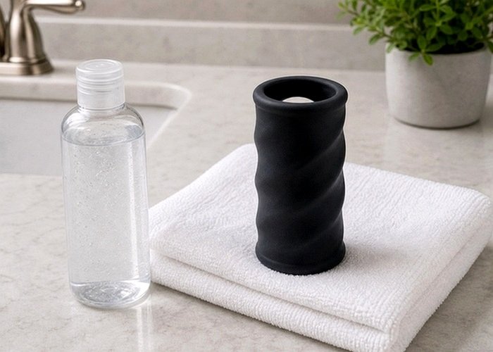 A clear lubricant bottle beside a silicone toy to explain material compatibility and cleanup tradeoffs.