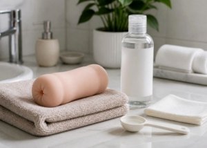 Three lubricant bottles arranged on a towel beside a toy-safe pouch to compare water-based, silicone, and hybrid formulas.