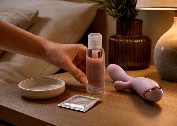 A curved vibrator and lubricant arranged on a bedside table to show how toy choice can complement angle changes.
