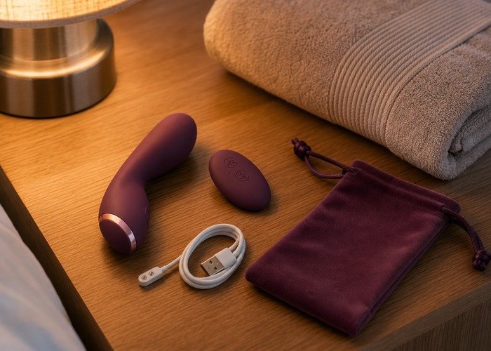 A realistic adult toy, charging cable, pouch, and towel arranged on a bed to support a private roleplay planning checklist.