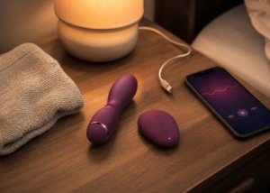 A realistic bedside setup with a compact adult toy, phone, towel, and care items for an adults-only consent and boundaries guide.