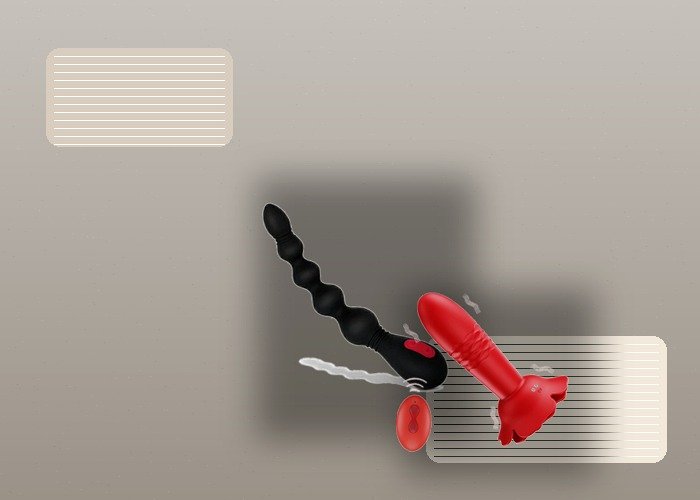 A realistic anal-toy setup with anal beads, lubricant, towel, and storage pouch arranged on a soft bed.