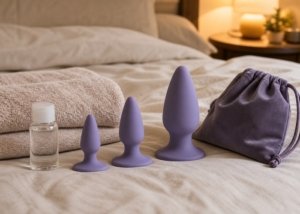 A realistic beginner anal training setup with graduated plugs, lubricant, towel, and storage pouch arranged on a soft bed.