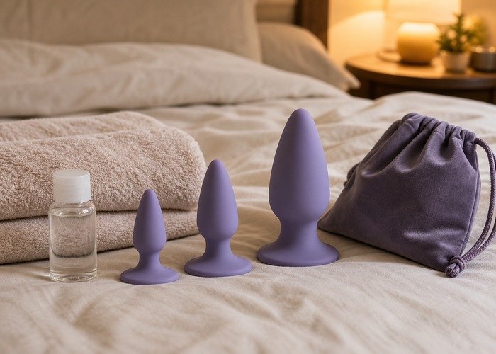 A realistic beginner anal training setup with graduated plugs, lubricant, towel, and storage pouch arranged on a soft bed.