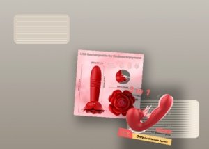 A realistic anal vibrator, lubricant, folded towel, and storage pouch arranged on a soft bed for a safety setup guide.