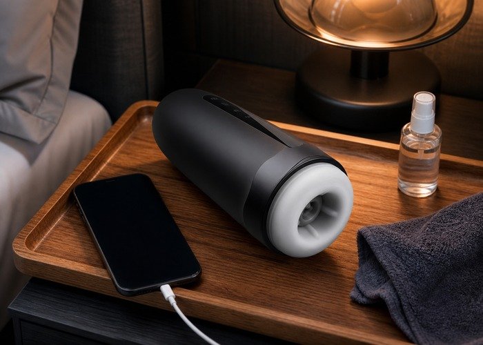 A close bedside setup with a smartphone, automatic male toy, charger, and folded towel arranged to compare app control and physical buttons.