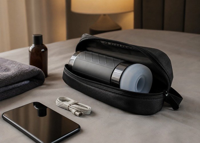 A cleaned automatic male toy, phone, charging cable, and pouch arranged to connect remote features with real cleanup and storage.