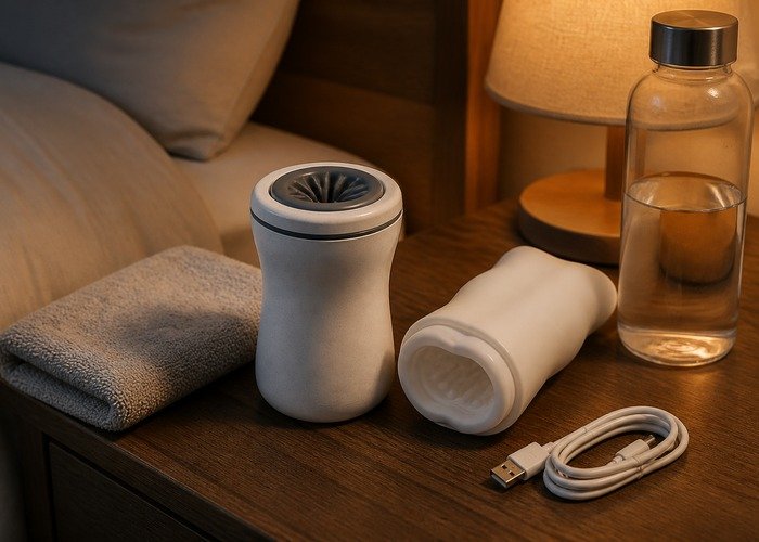 A close tabletop setup with a manual sleeve, compact automatic toy, lubricant, and folded towel arranged to compare control and cleanup.