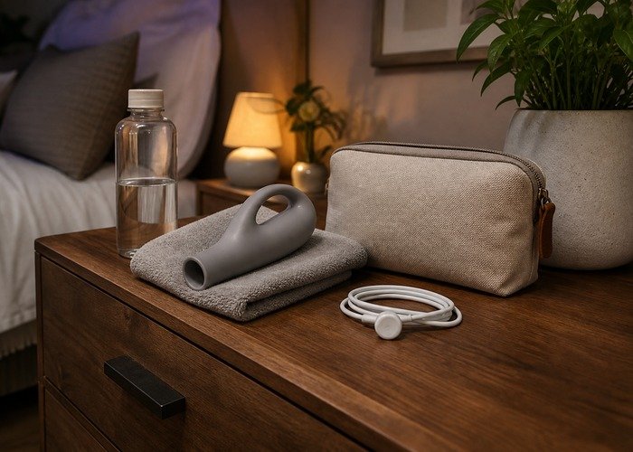 A cleaned male-toy setup with sleeve, charger, towel, and pouch arranged to connect noise and cleanup with long-term ownership.