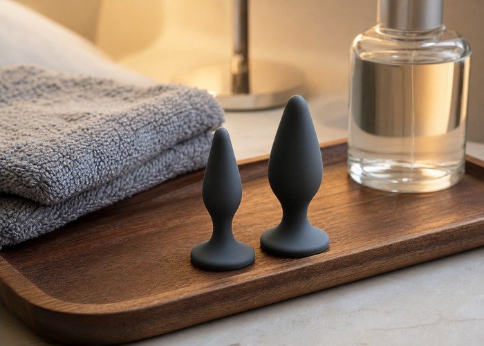 A close tabletop setup with beginner plugs, lubricant, and a towel arranged to compare taper, neck flex, and base shape.