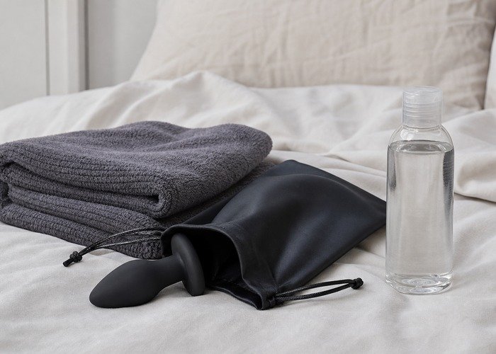 A cleaned beginner plug, pouch, lubricant, and towel arranged to connect good fit with easier cleanup and storage.