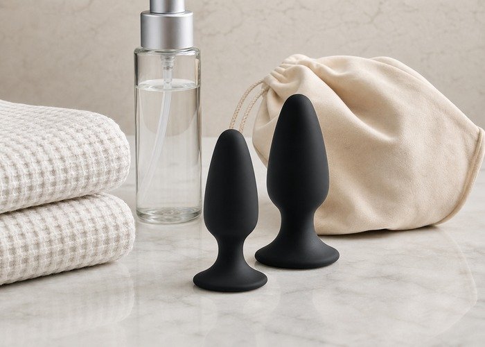 A realistic beginner butt plug, lubricant, folded towel, and storage pouch arranged on a bed for a fit guide.