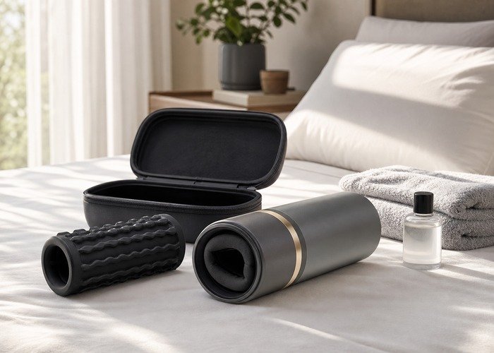 A close tabletop setup with a strokers sleeve, compact case, lubricant, and folded towel arranged to compare entry fit and motion style.