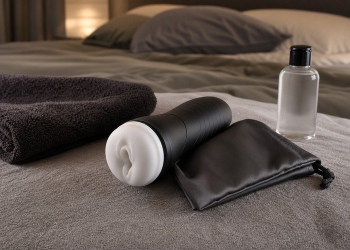 A cleaned sleeve, drying towel, storage case, and lubricant arranged to connect fit choice with easier aftercare.