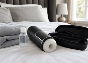 A realistic male masturbator sleeve, lubricant, towel, and storage pouch arranged on a bed for a beginner buying guide.