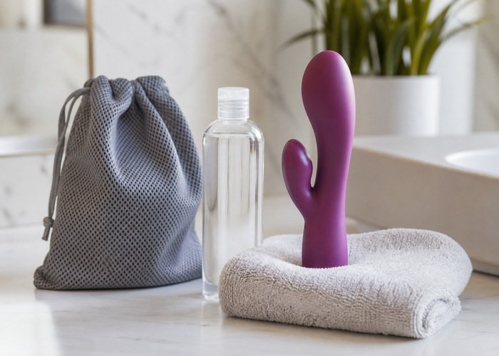 A cleaned adult wellness vibrator drying beside a clear bottle, microfiber towel, and breathable storage bag.