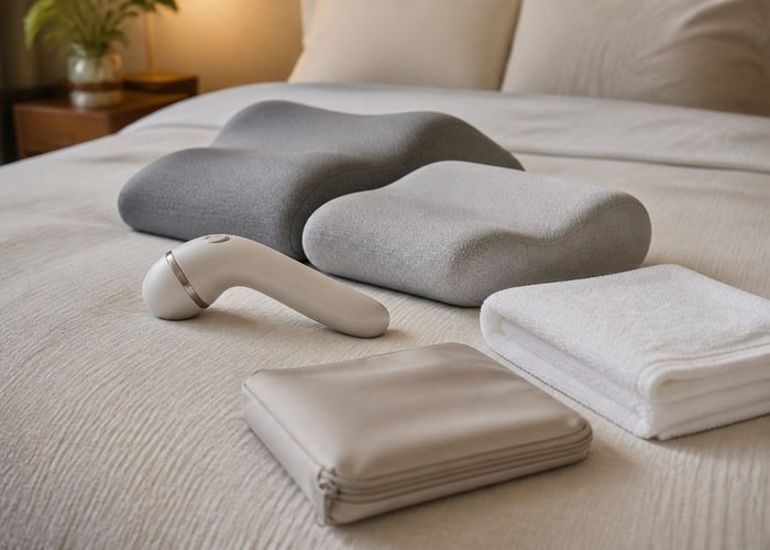 A curved-handle personal wellness device beside support pillows, a towel, and pouch on a bed.