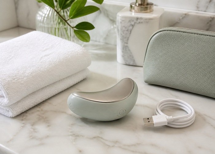 A curved personal wellness device beside a towel, pouch, and cable on a marble vanity.