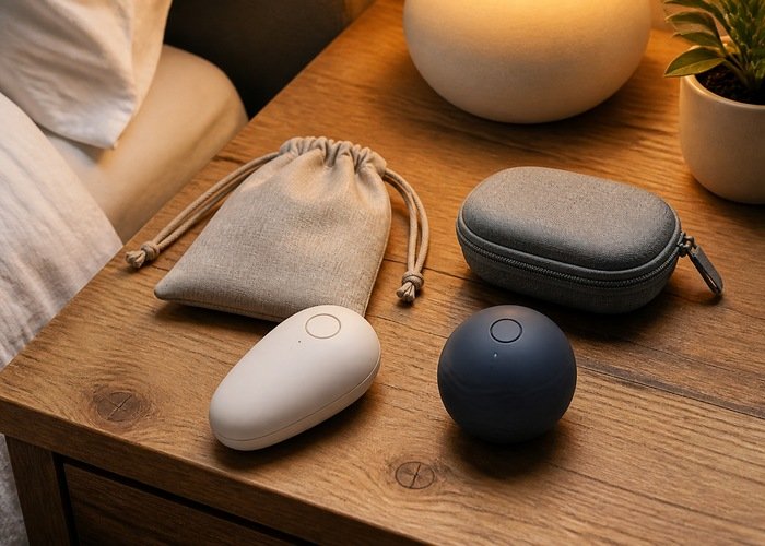 Two compact personal wellness devices with pouches on a bedside table for a shared product comparison.