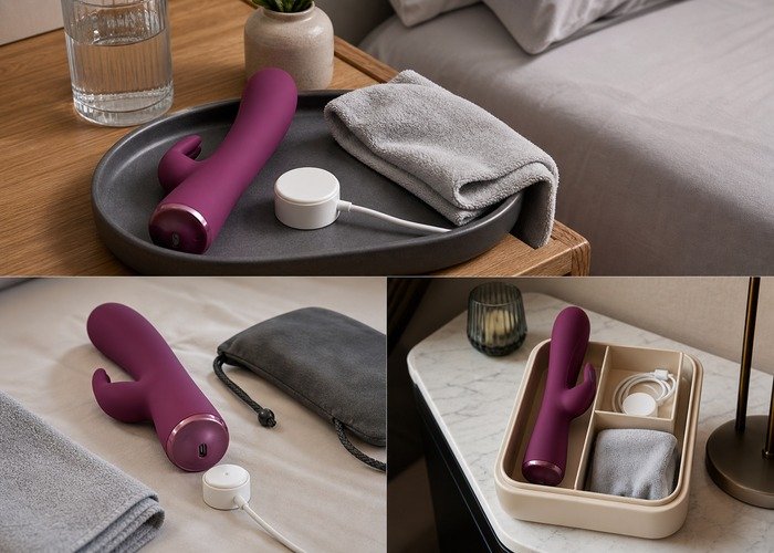 A tidy bedside setup with a compact toy, notebook, pouch, and towel arranged to show a supportive reset after the conversation.