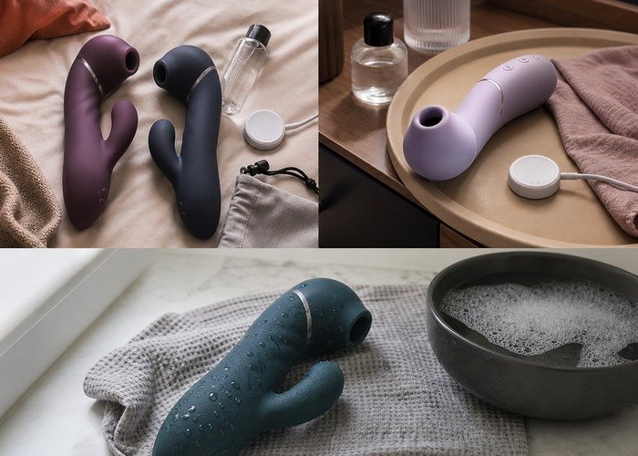 A realistic bedside setup with a compact couples toy, notebook, folded towel, and lubricant arranged for a communication guide.
