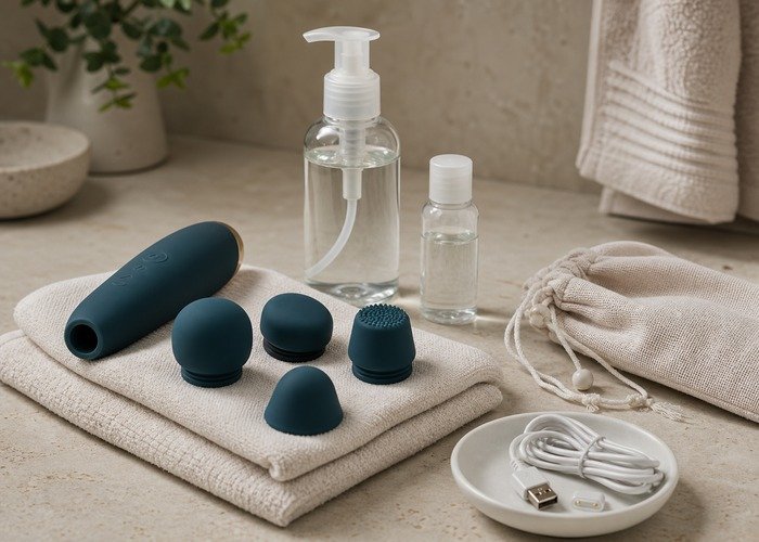 A realistic set of compact adult toys, a towel, and charging cable arranged for a drying and storage routine.