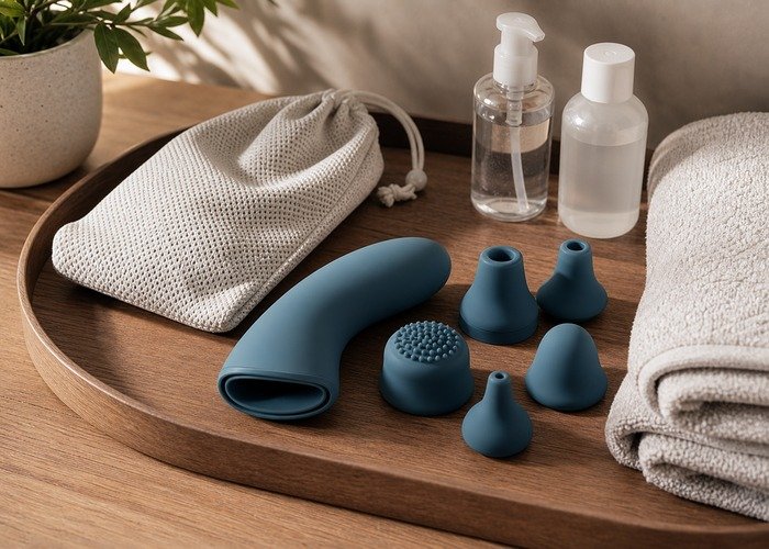 A realistic personal wellness device with a pouch, towel, and care bottle arranged for a base-hygiene and aftercare checklist.